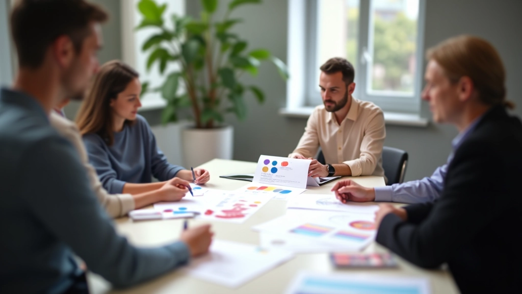 Designový tým v jednání, diskutují o typografii a barevných schématech na whiteboard