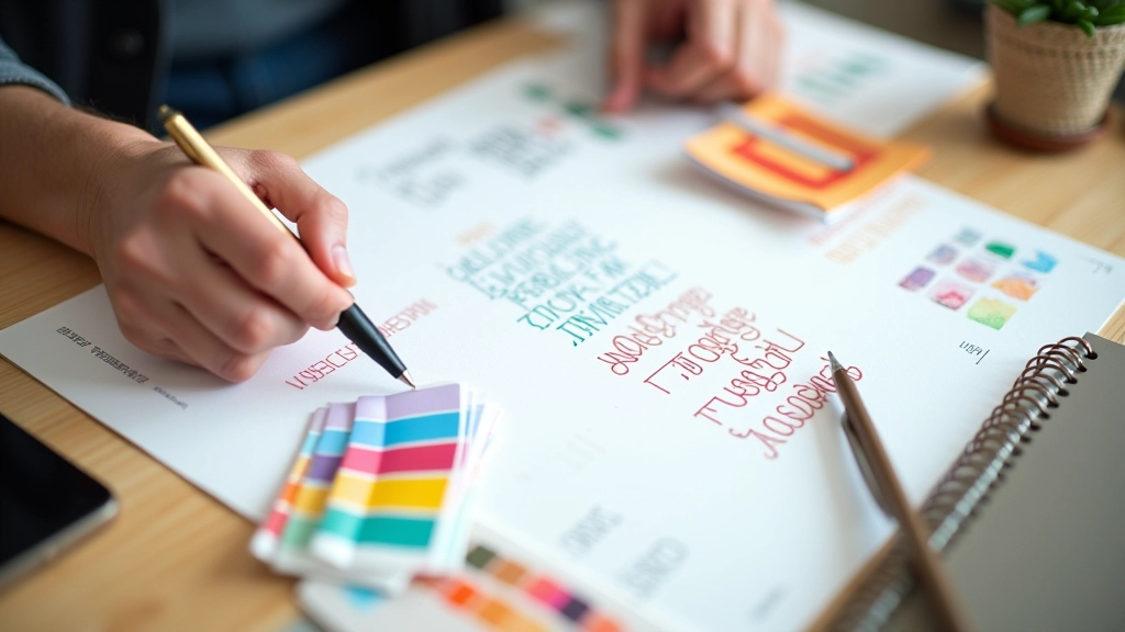 Notebook s barevnými swatches a typografickými vzorky na designerském stole