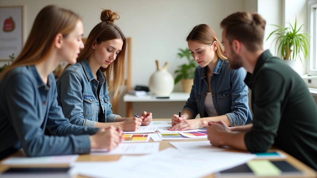 Tým designérů v kancelářském prostředí pracuje na typografickém projektu